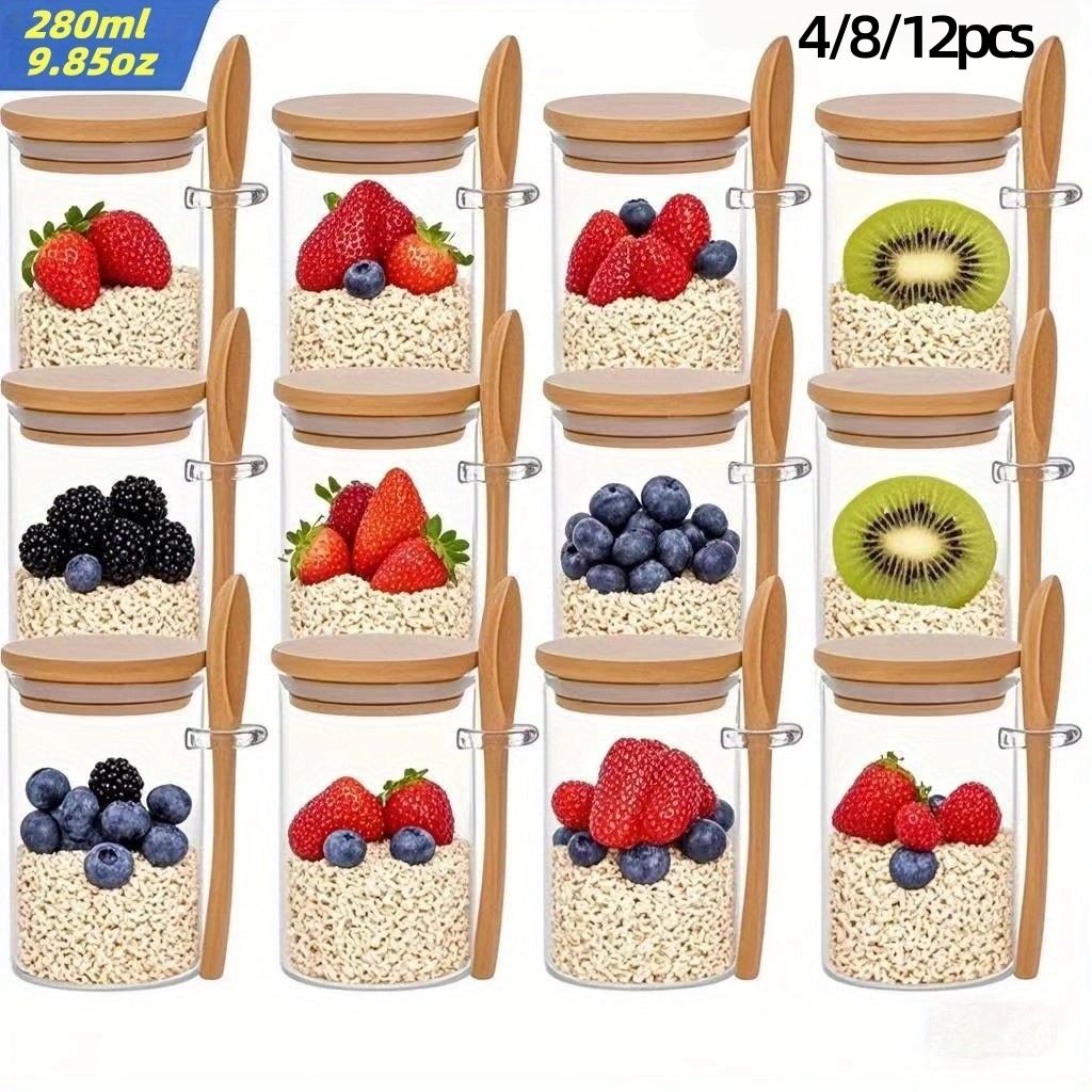 Meal Prep Chia Pudding - 4/8/12 ชิ้น, ถ้วยอาหารเช้าข้าวโอ๊ตพร้อมฝาปิด (9.85 ออนซ์/280 มล.),
