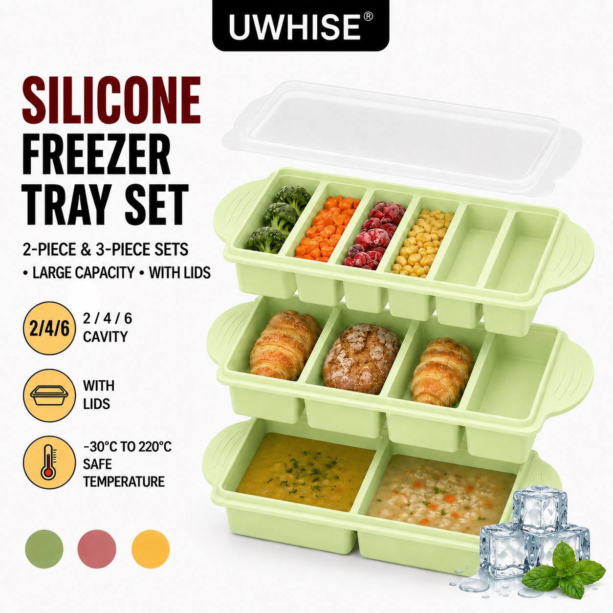 Meal Prep Chia Pudding - Uwhise ชุด 2/3 ชิ้น ถาดซิลิโคนสำหรับแช่แข็งพร้อมฝาปิด แม่พิมพ์สำหรับแช่แข็งซุป