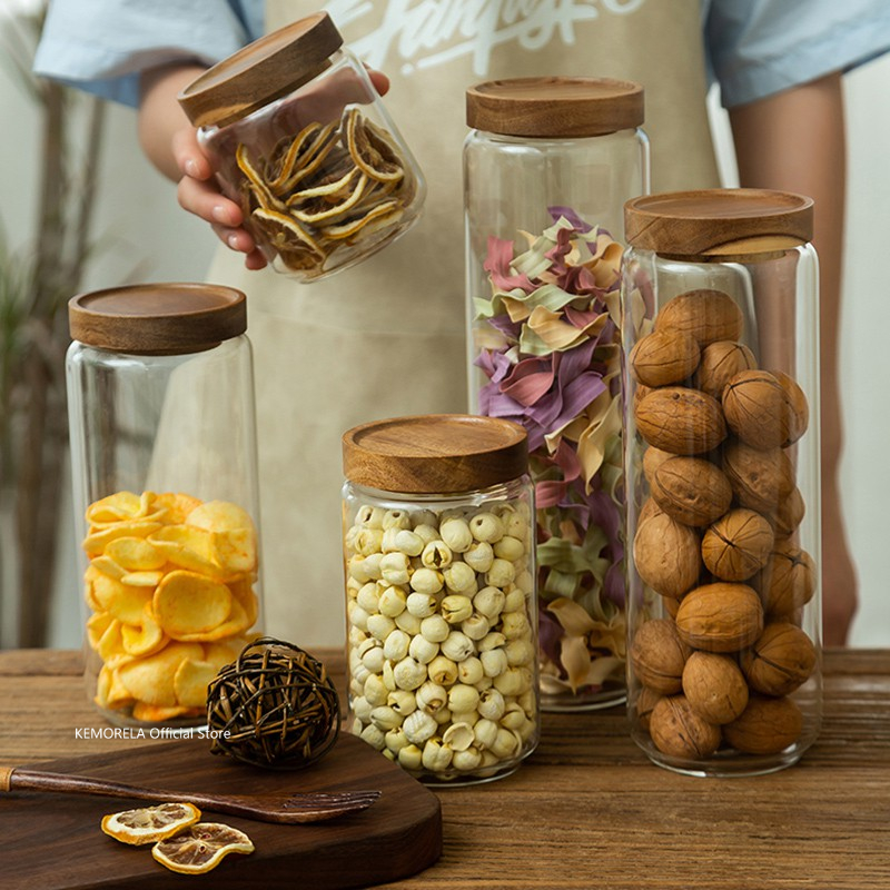 Meal Prep Glass Containers - ไม้ฝาปิดแก้ว Airtight กระป๋องห้องครัวขวด Jars อาหารธัญพืชชากาแฟถั่วธัญพืช Candy