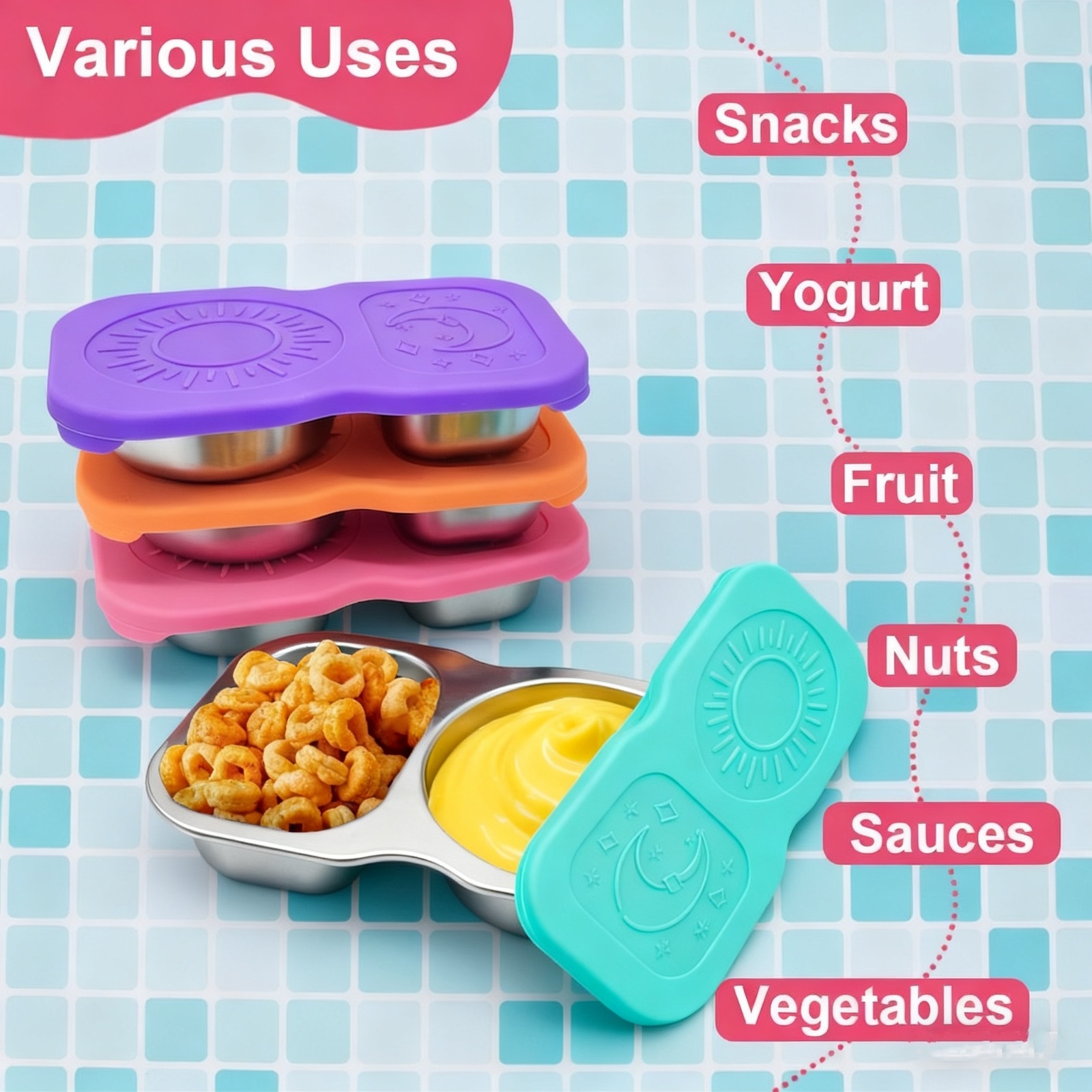 Sauce Dipping Cup - ถ้วยน้ำจิ้มสแตนเลสแบบแบ่งช่อง 1 ชิ้น จานน้ำจิ้ม ถาดใส่เครื่องปรุงสำหรับปิกนิก ภาชนะใส่ของว่าง