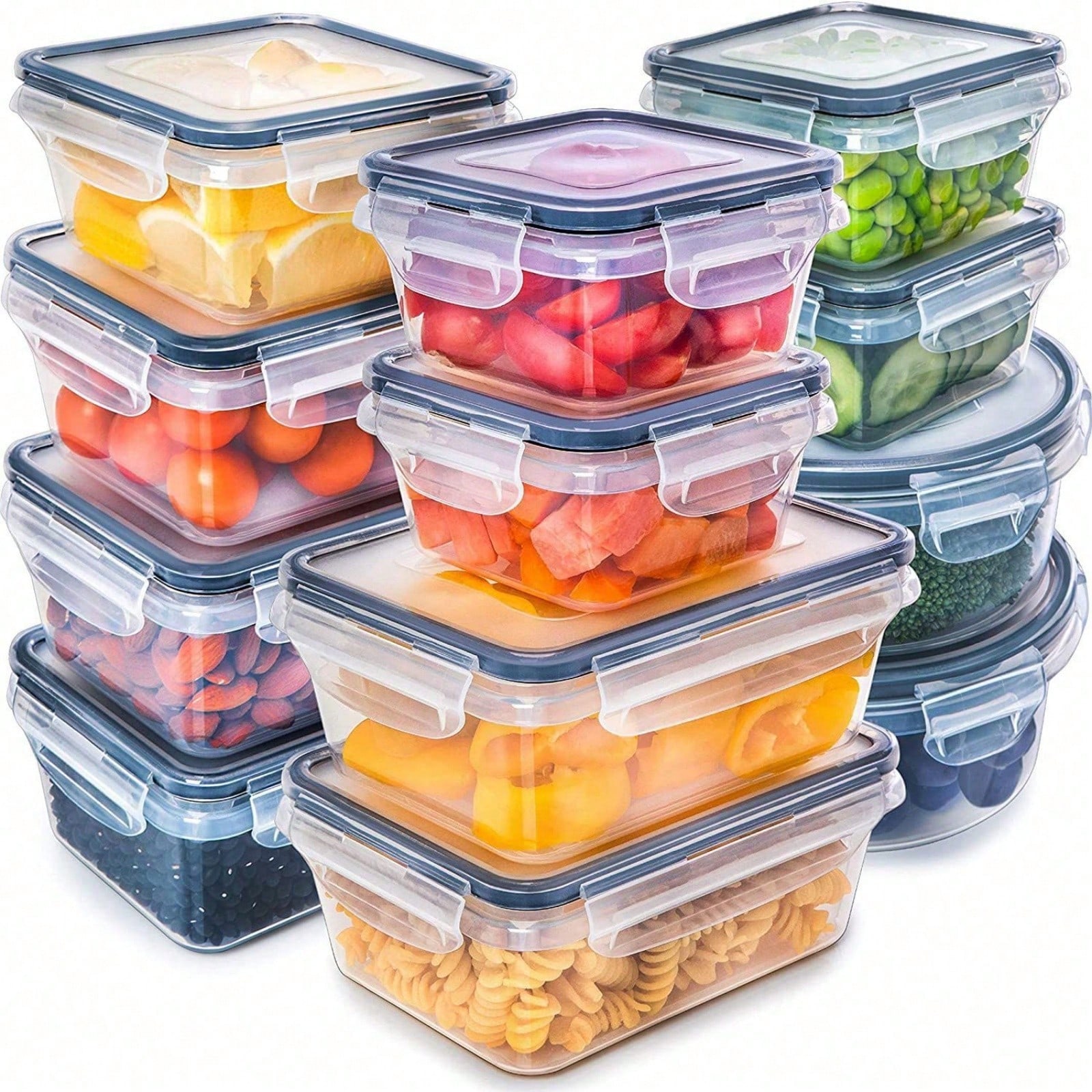 Meal Prep Glass Containers - กล่องเก็บอาหารพลาสติกปิดผนึก 12 ใบ เหมาะสำหรับเก็บธัญพืชและผลไม้ ลักษณะภายนอกมีความโปร่งใสและชัดเจน สามารถใช้เก็บชา