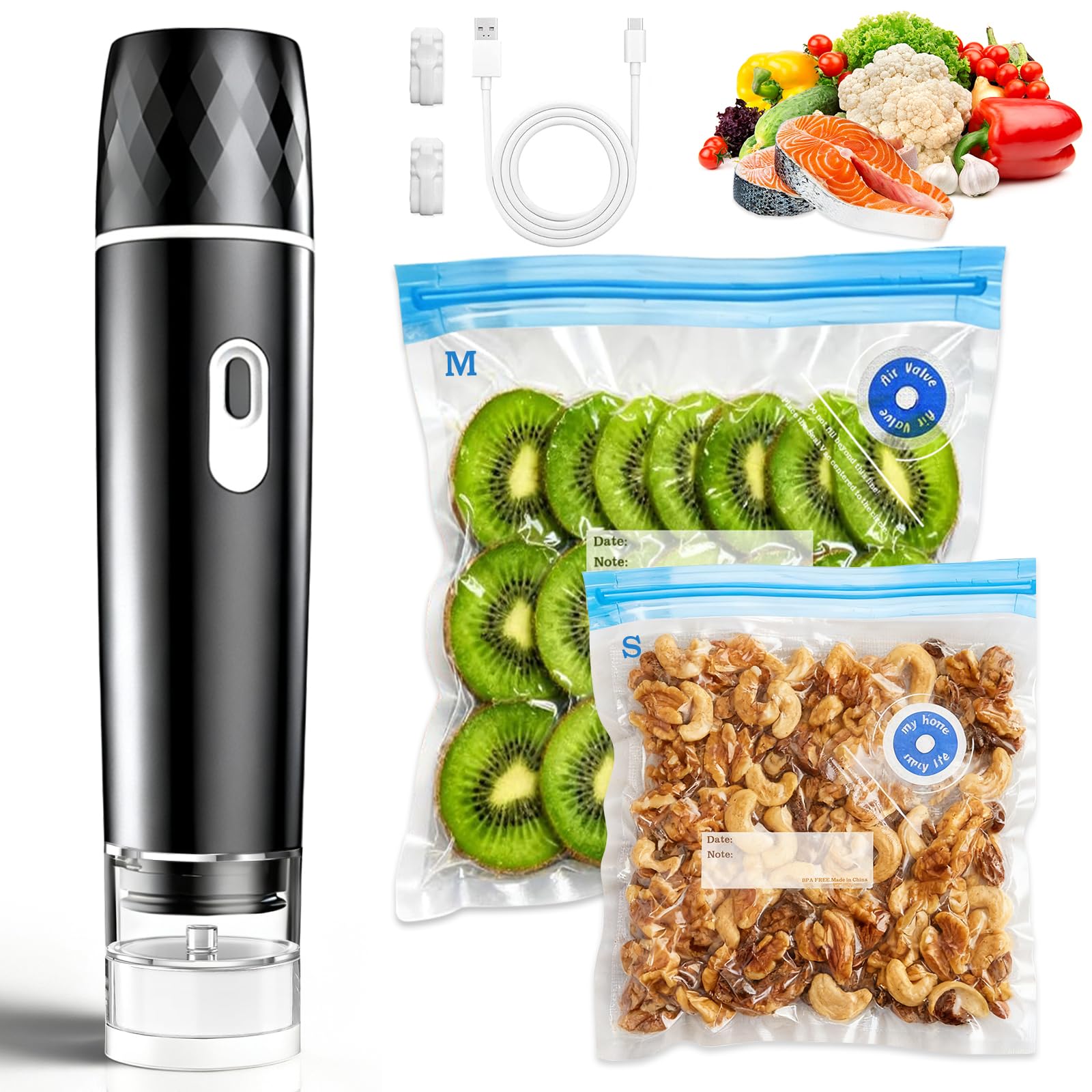 Meal Prep Co - เครื่องซีลสูญญากาศอาหาร, เครื่องซีลสูญญากาศแบบมือถือแรงดูด 60KPA, ชาร์จไฟได้สำหรับการเตรียมอาหาร, การตั้งแคมป์ และการเดินทางด้วยรถบ้าน