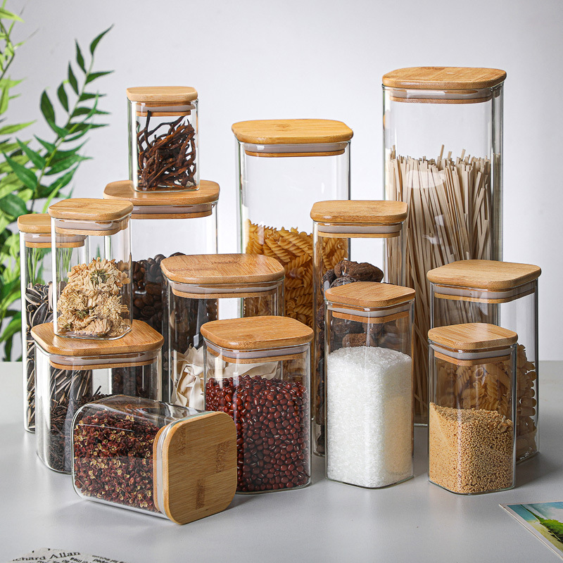 Meal Prep Glass Containers - กระป๋องแก้วไม้ไผ่ทรงสี่เหลี่ยมขวดนมใสสำหรับใส่ชาและกาแฟกล่องมีฝาปิด